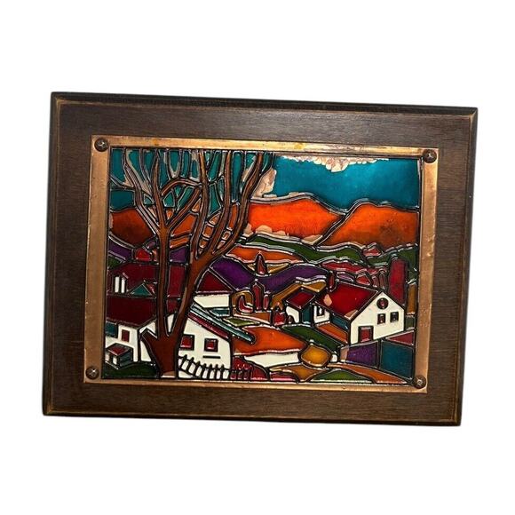 Vtg Enamel on Embossed Copper Village Mounted Autumn Fall Picture Wall Art - Picture 1 of 11